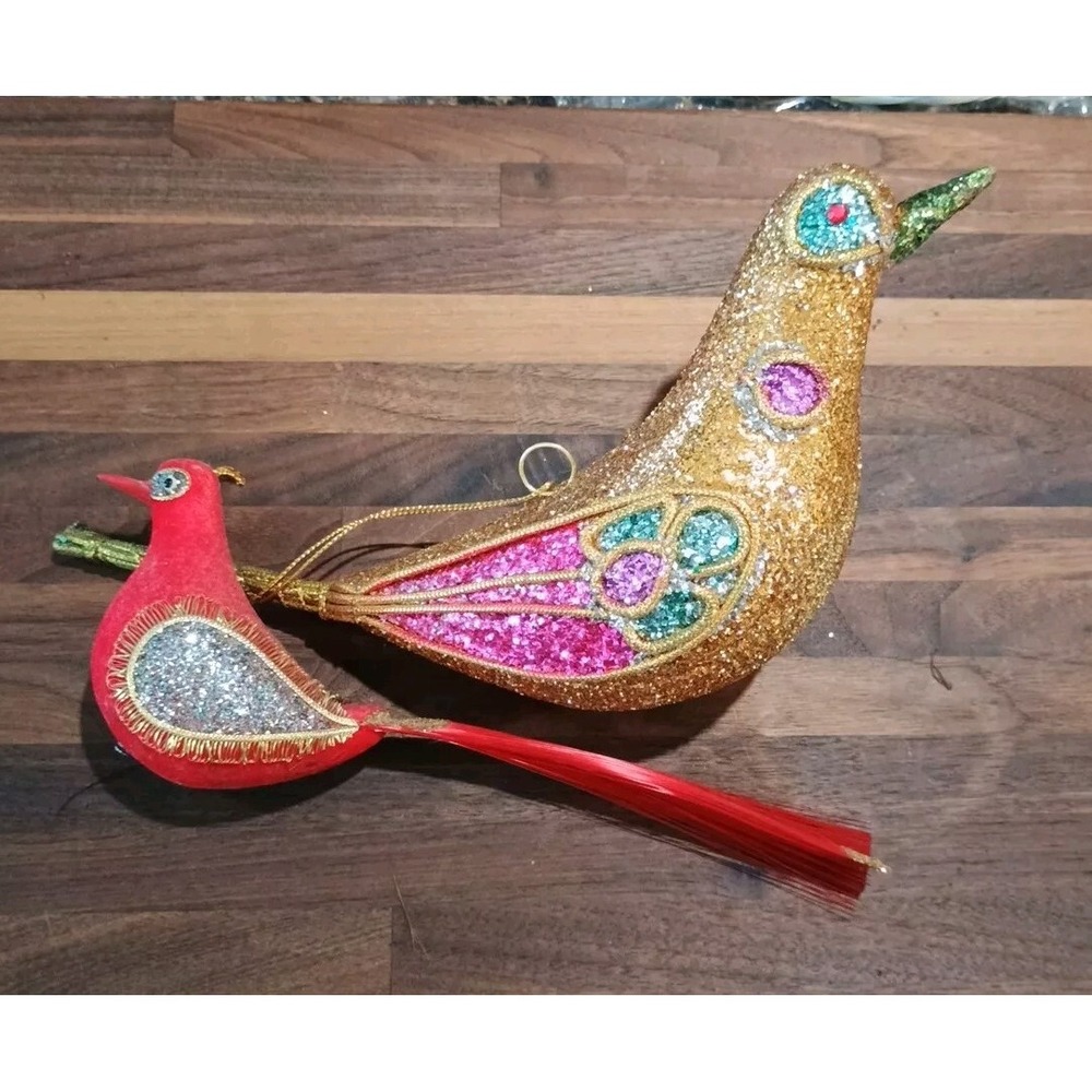 Vintage MCM Christmas Flocked Birds Glitter Sequined Clip On Japan‎